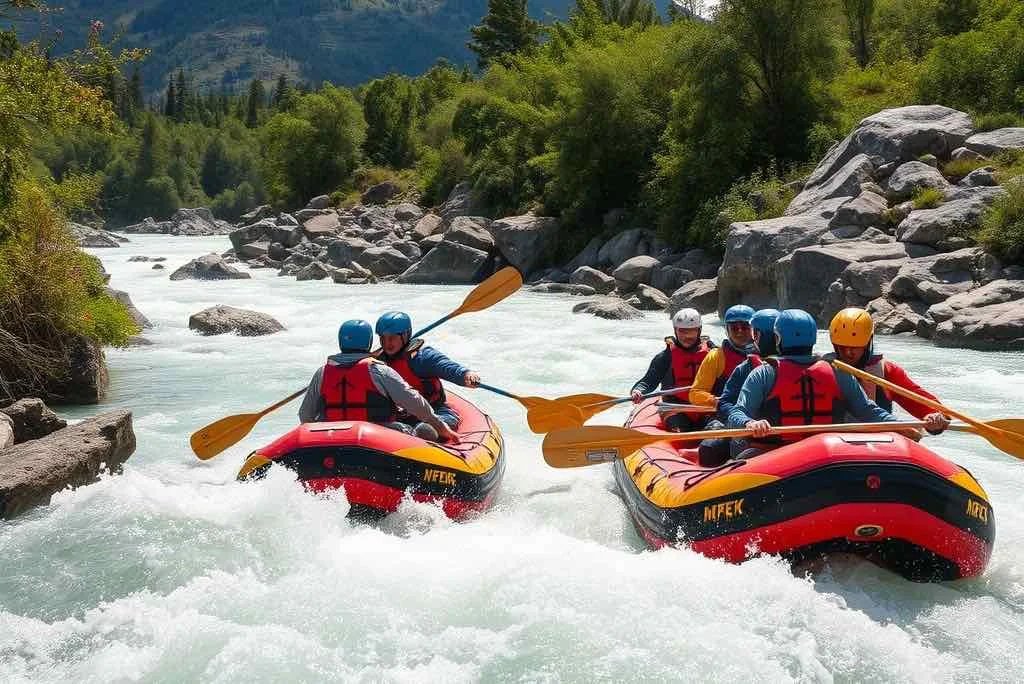 Group of people in Two bots doing reaver rafting in Sisu Manali