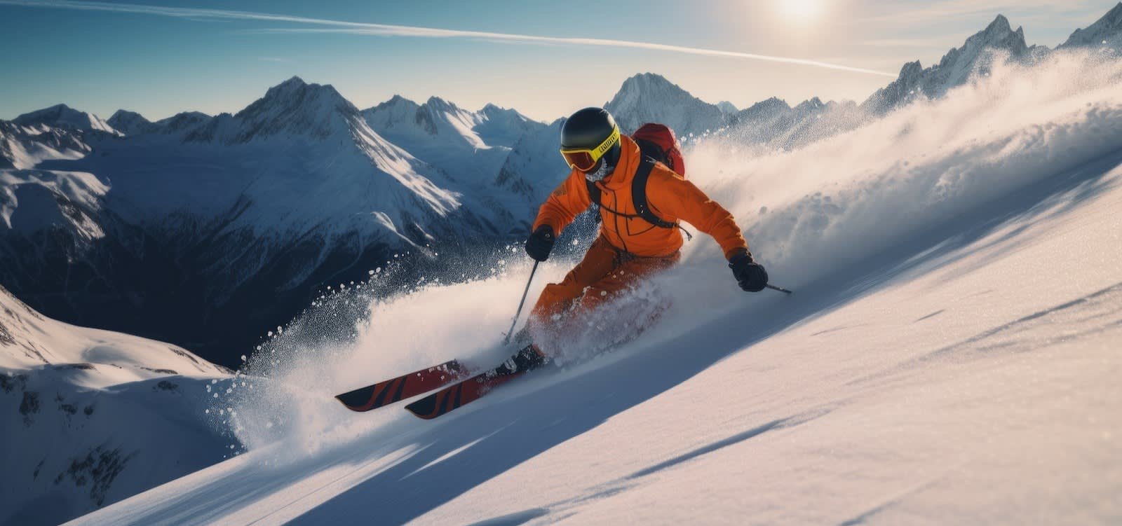 Skier in orange suit navigating snowy mountain of Manali sloping at sunrise.